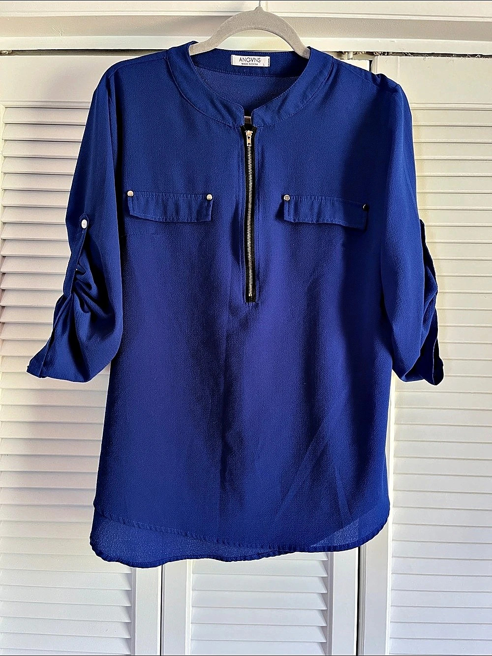 ANGVNS Women's V Neck Chiffon Blouse Zip Front Roll-Up Sleeve Tunic V Neck